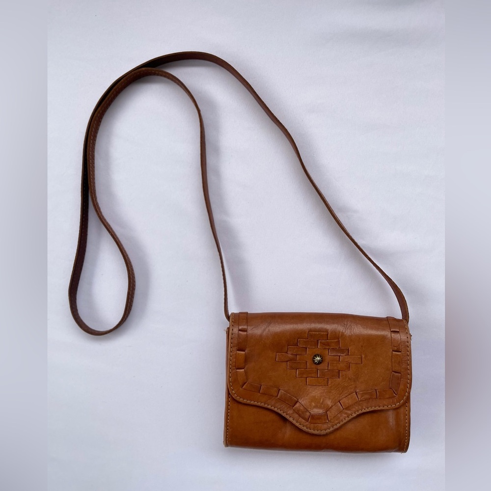 Vintage American West Woven Brown Leather Western Crossbody Bag Bohemian Tooled - Picture 8 of 9